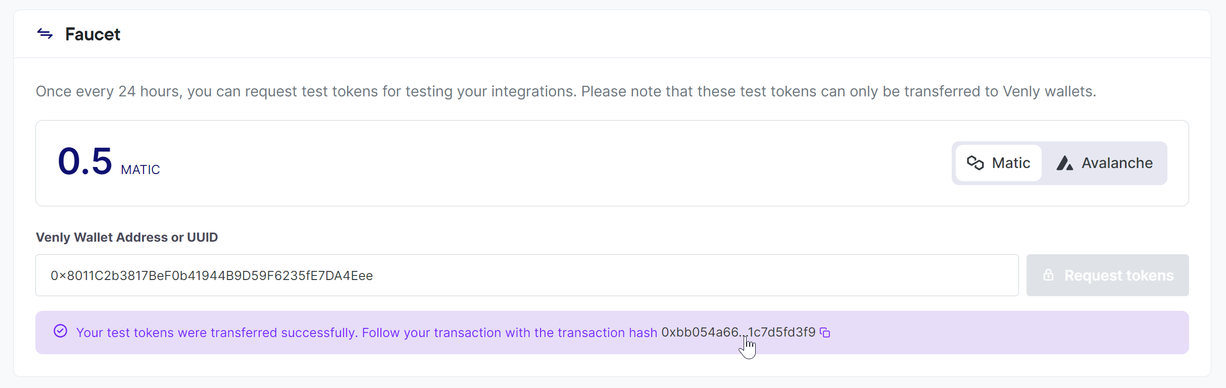 Tokens transferred successfully