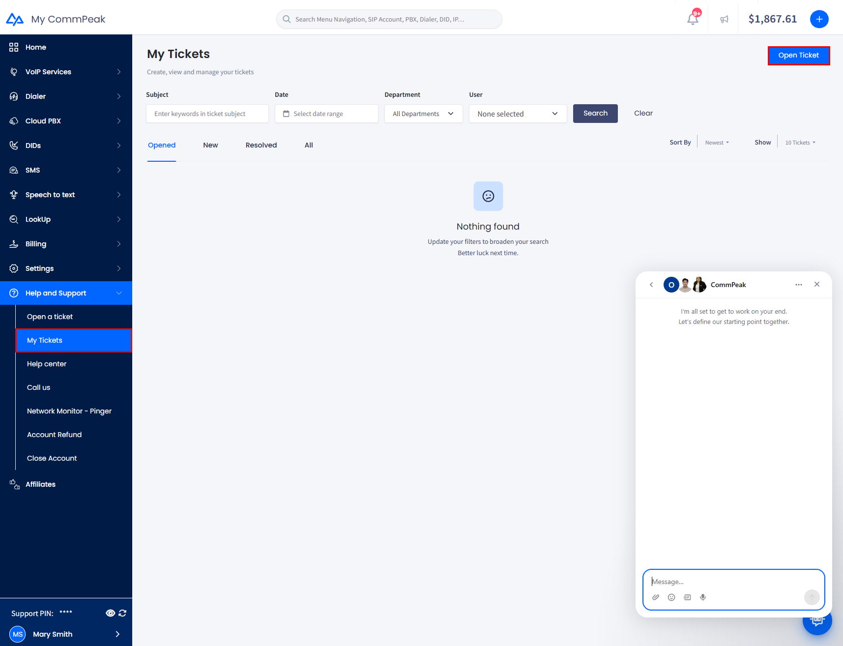 Screenshot of the Help and Support Options