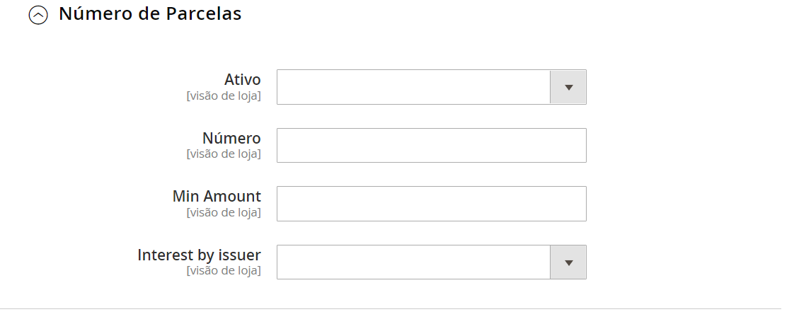 Campos de configuração dos numeros de parcelas na seção Credit Card JustClick (Token)