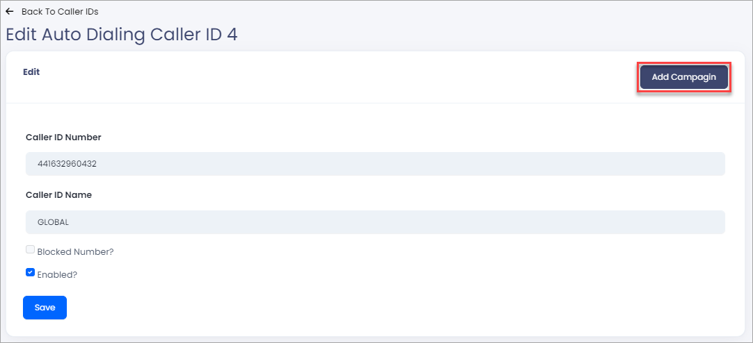 Screenshot of assigning Caller IDs to campaigns