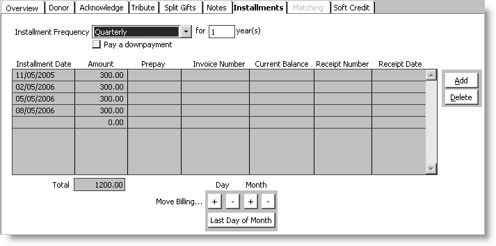 From Fundraising, select Enter and edit gifts, enter/open a pledge, and select the Installments tab