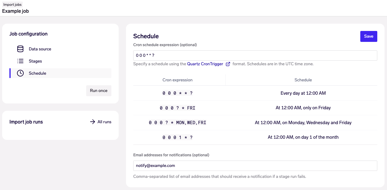 Scheduling an Import Job to run daily at Midnight UTC