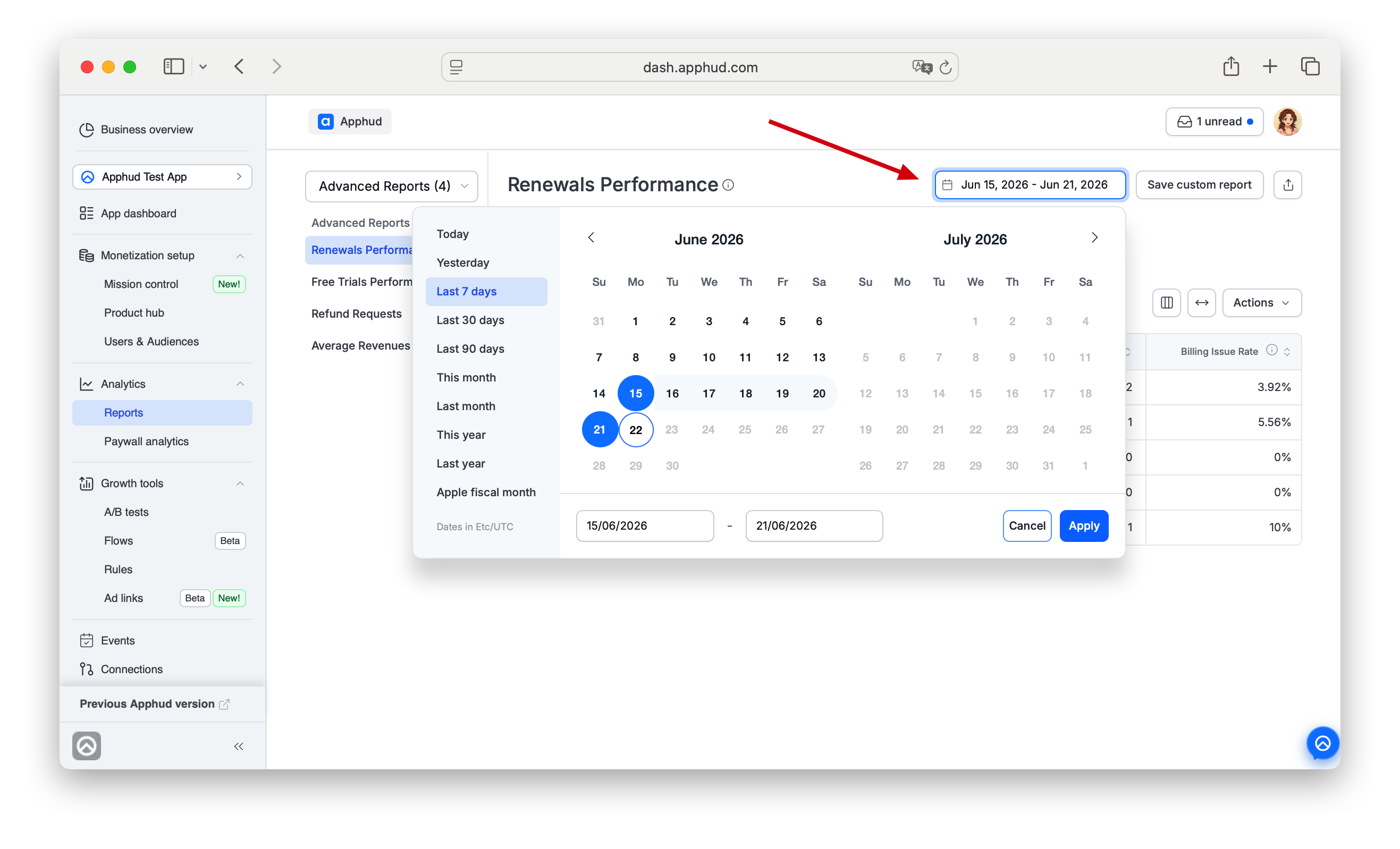 Apphud - Analytics Date Picker control