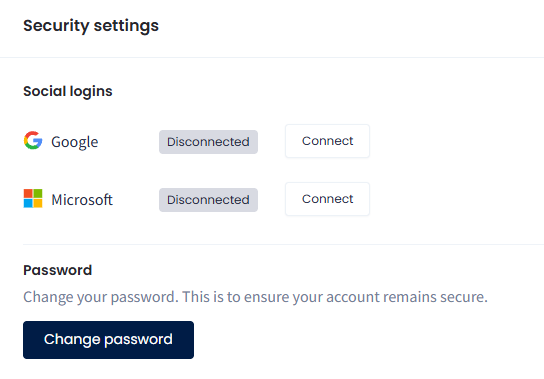 Screenshot of the Security settings section with Social logins with Google and Microsoft Disconnected