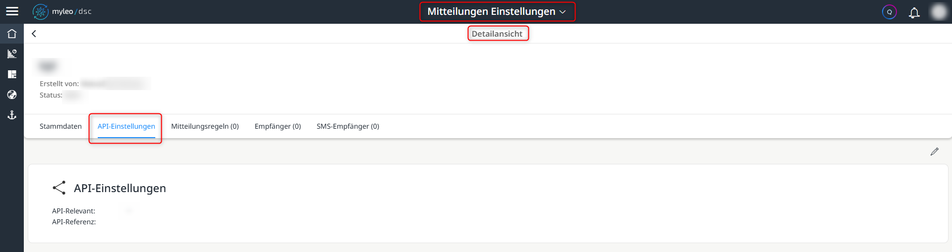 Tab "API-Einstellungen" in der Mitteilungen Einstellungen App