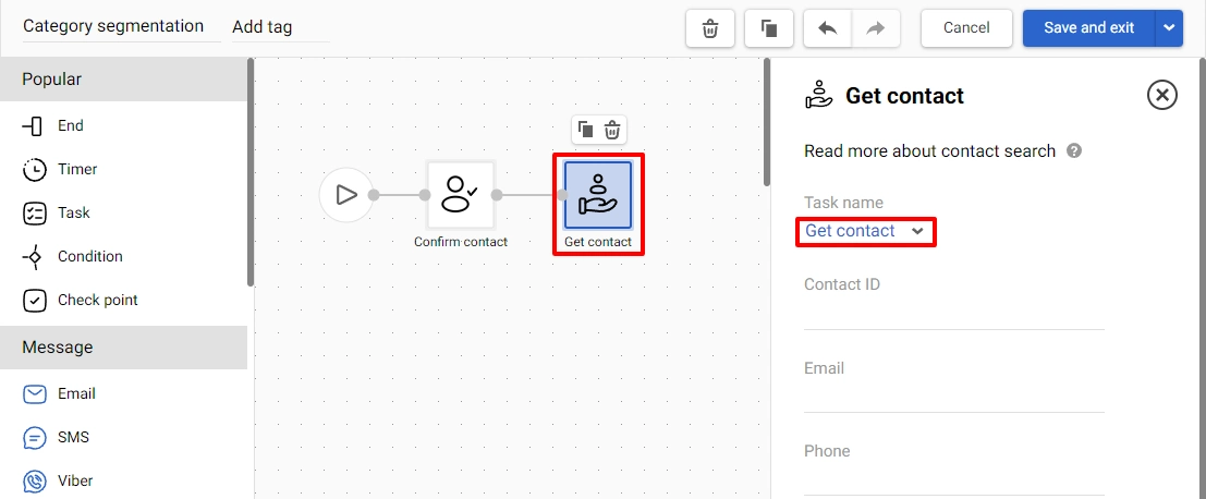 Adding block Start - "Get contact"