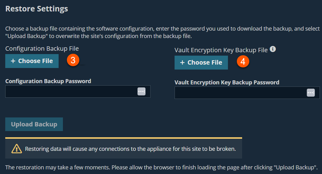 An image of a user interface for restoring system settings from a backup. The interface includes options to upload a configuration backup file and a Vault encryption key backup file, along with fields to enter their respective passwords. A button labeled "Upload Backup" is present. A warning message indicates that restoring data will break existing connections and may take some time to complete.