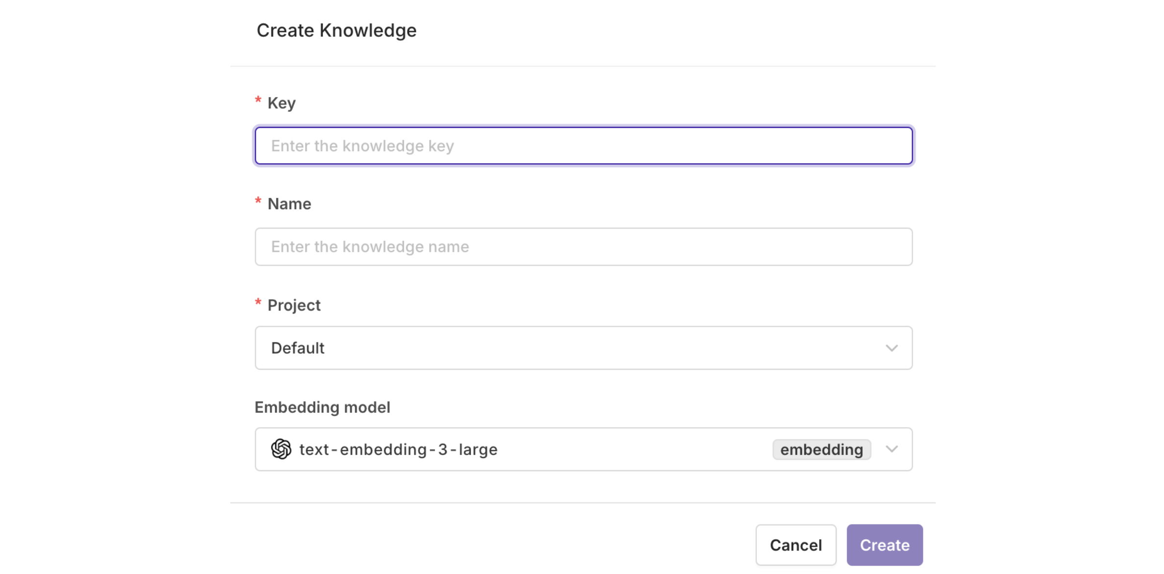 Here you can enter a unique **Key** that will be used to reference your Knowledge within [Playgrounds](doc:llm-experimentation-playground) and [Deployments](ref:deployments-2). Also enter a **Name** and which **Project** this knowledge belongs in.