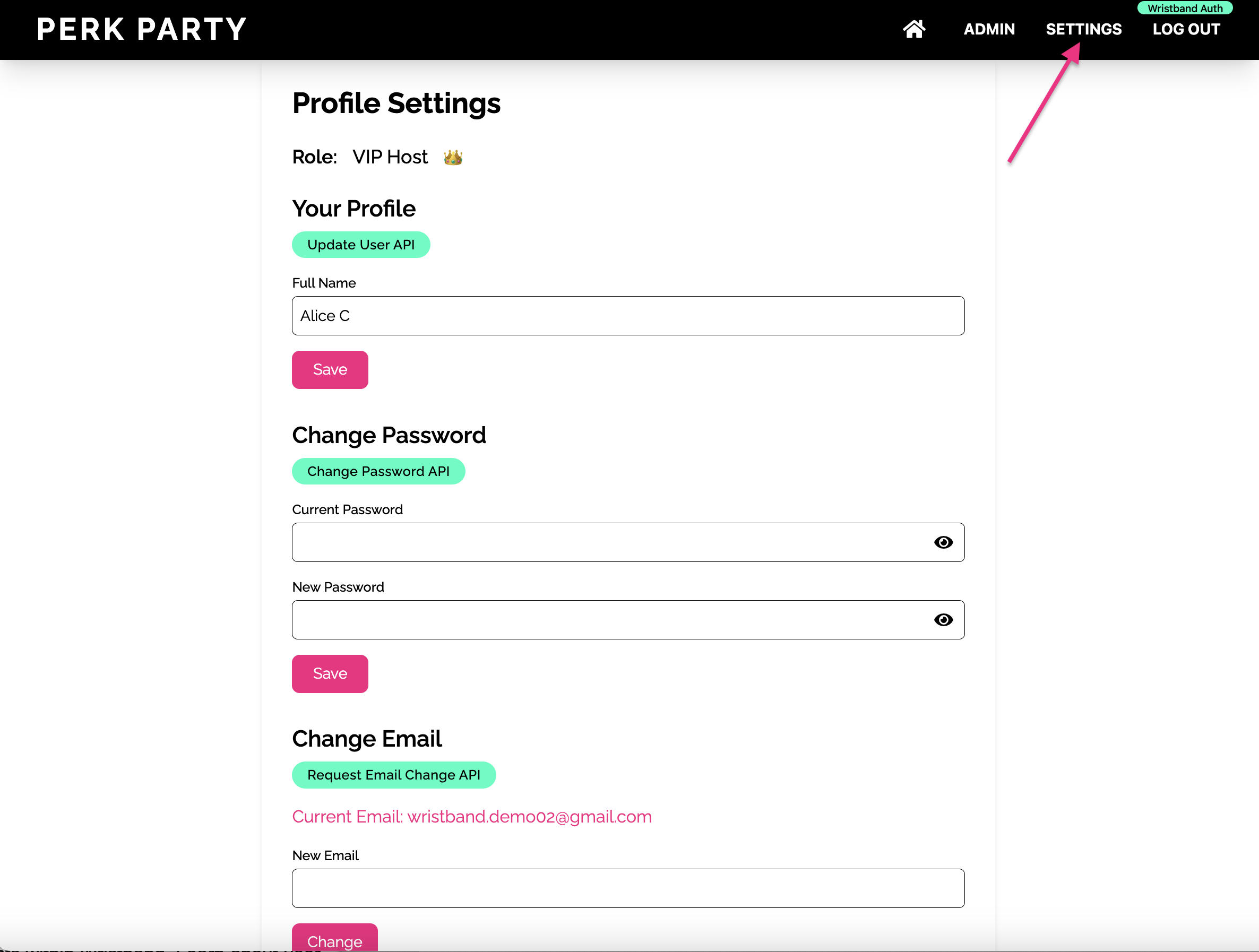 Perk Party Dashboard: User Profile Management Page