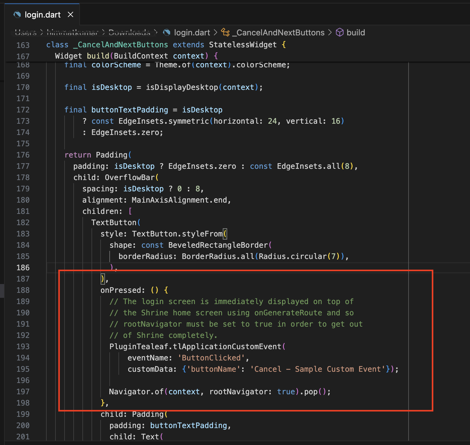 Logging the onPressed section of a button