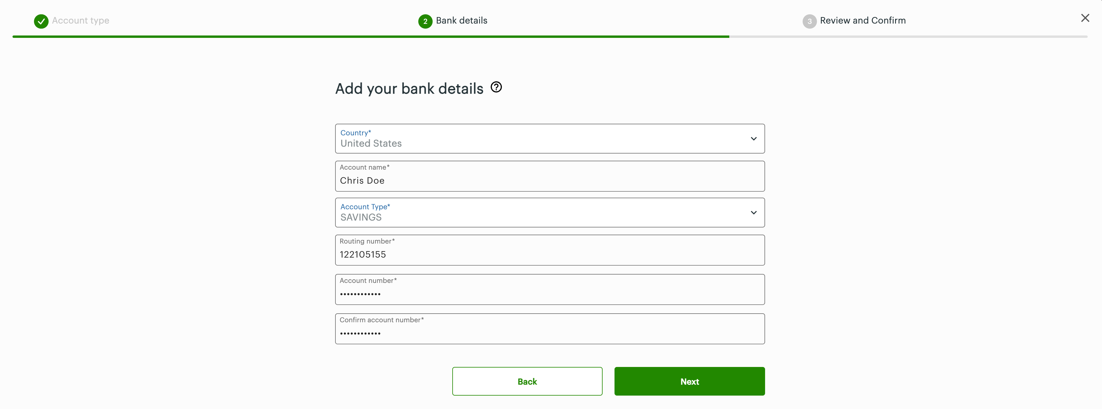 Add your bank details: US or Canada routing number