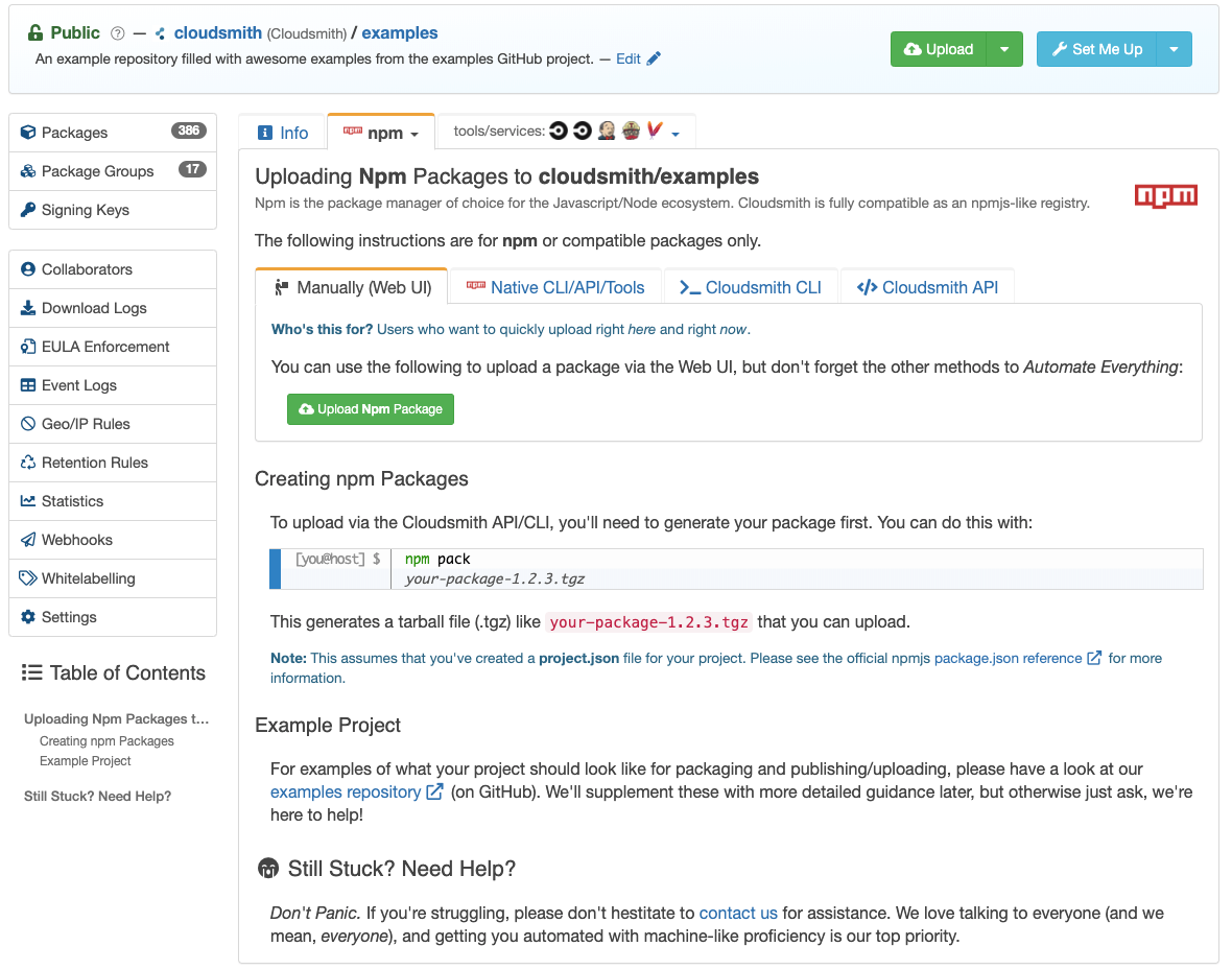 Package upload page