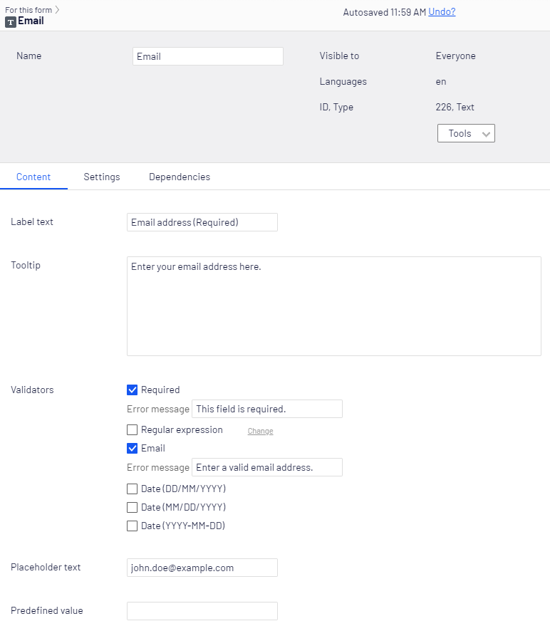 Screenshot of the Text element Content tab with Label text, Tooltip, Validators, Placeholder text, and Predefined value fields where editors configure text input settings