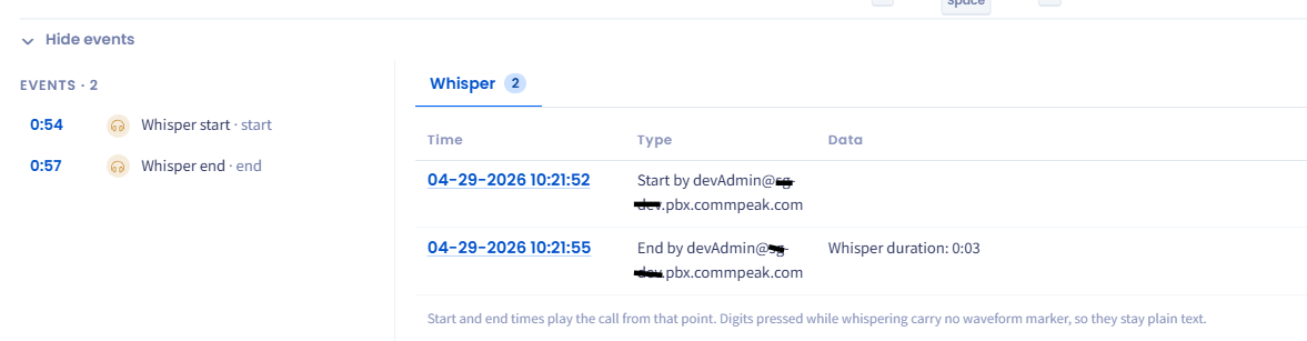 Screenshot of extended call data with whisper 