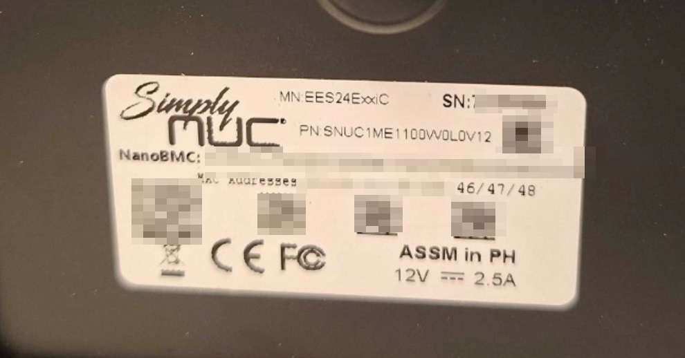 The label on the bottom of a Secure Edge, showing the MAC Addresses line ending in 46/47/48