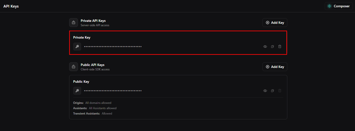 Scrteenshot of Private API Keys section
