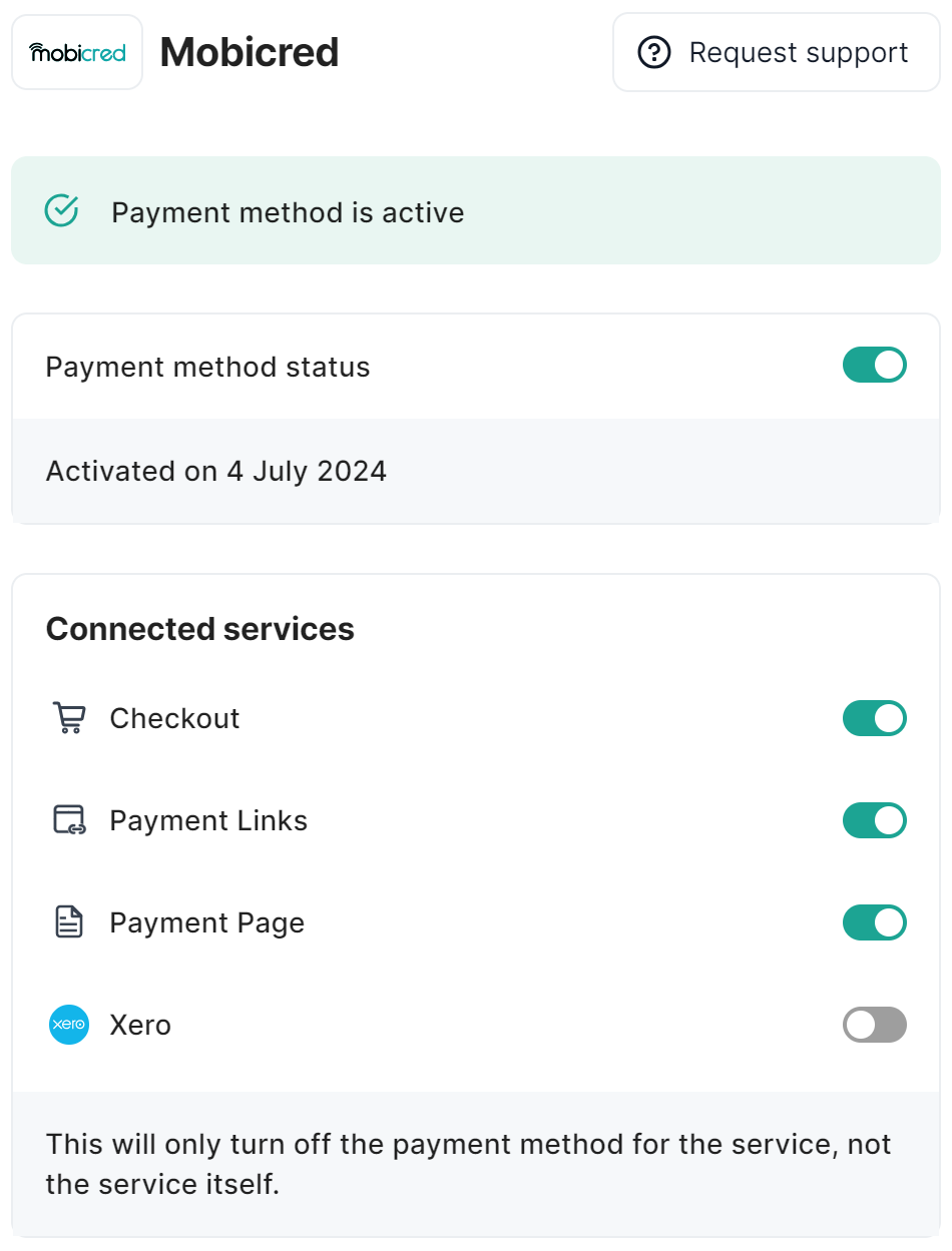 Payment method deactivated for certain connections.