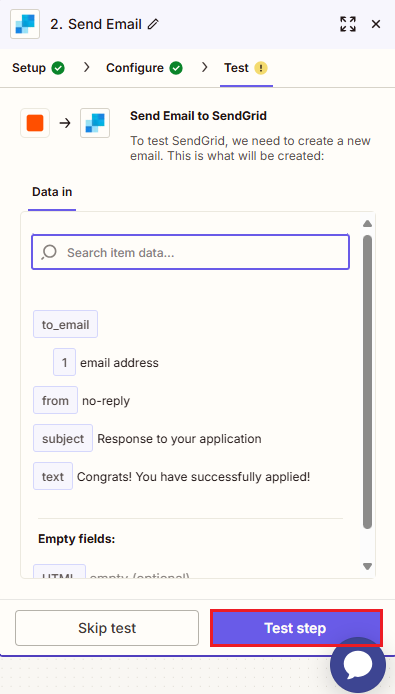 Screenshot of the Send Email in SendGrid event testing
