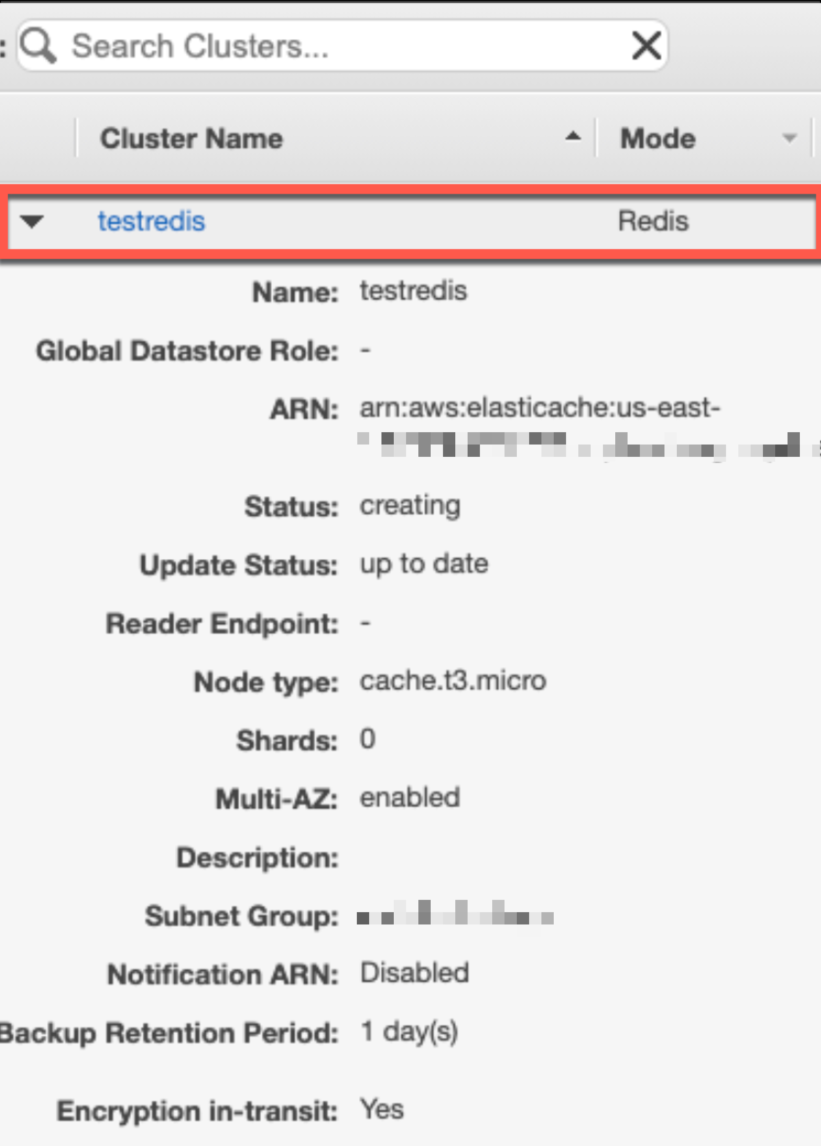 Redis Cluster Details Screen