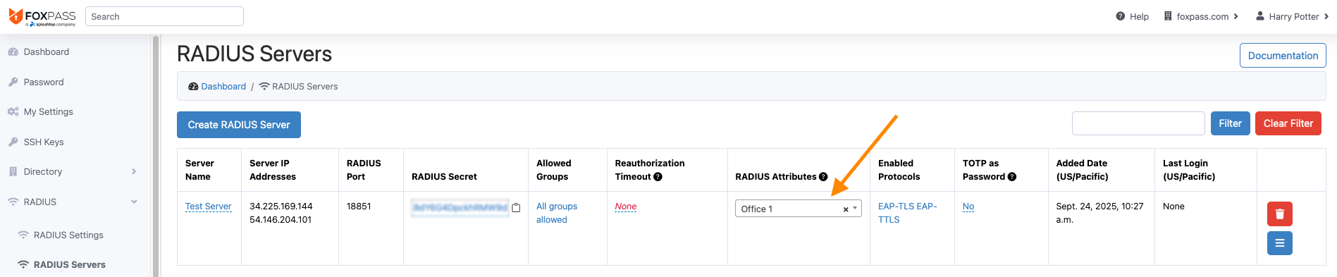 RADIUS Servers interface