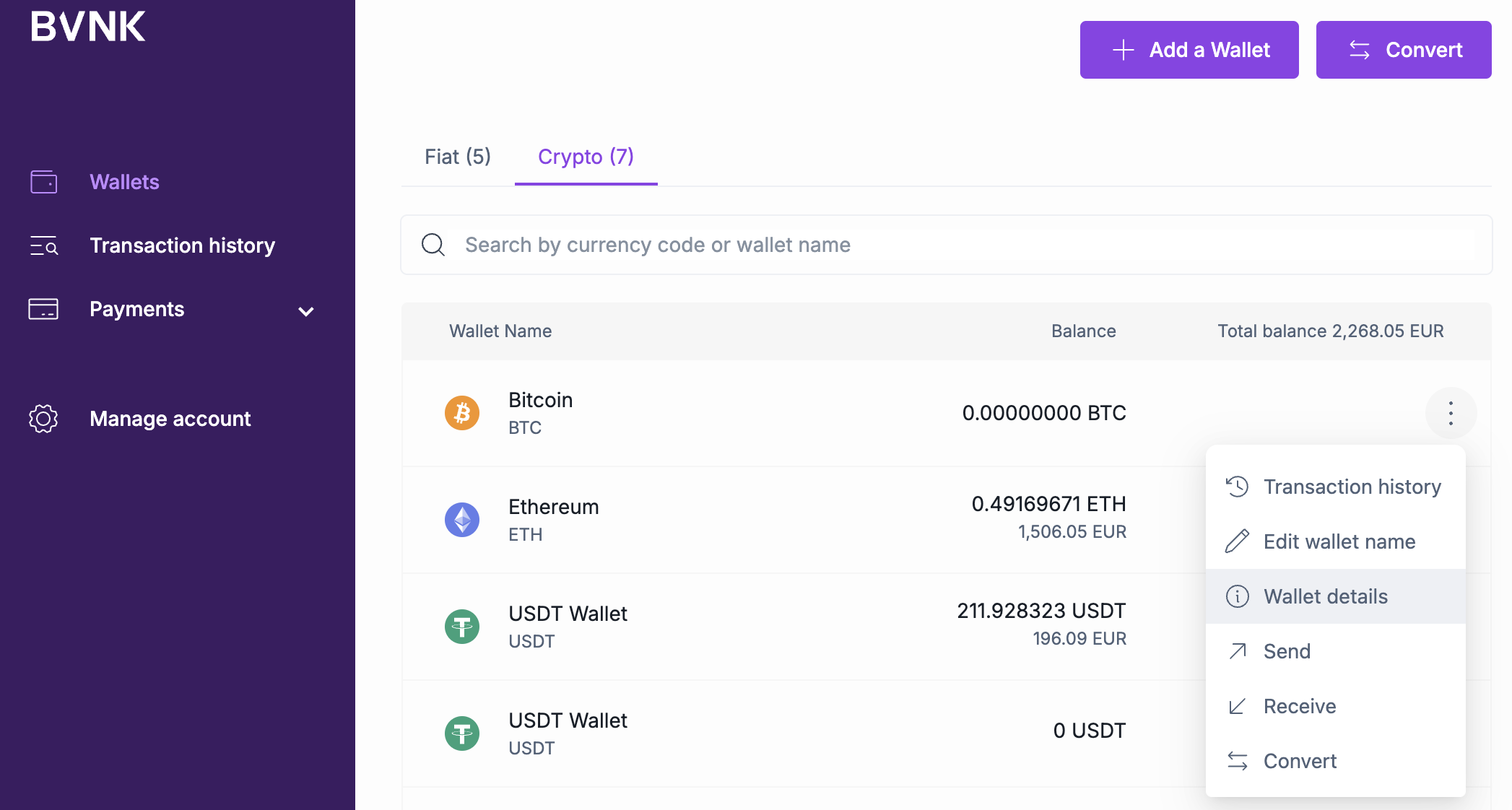 View wallet details and extra functionality