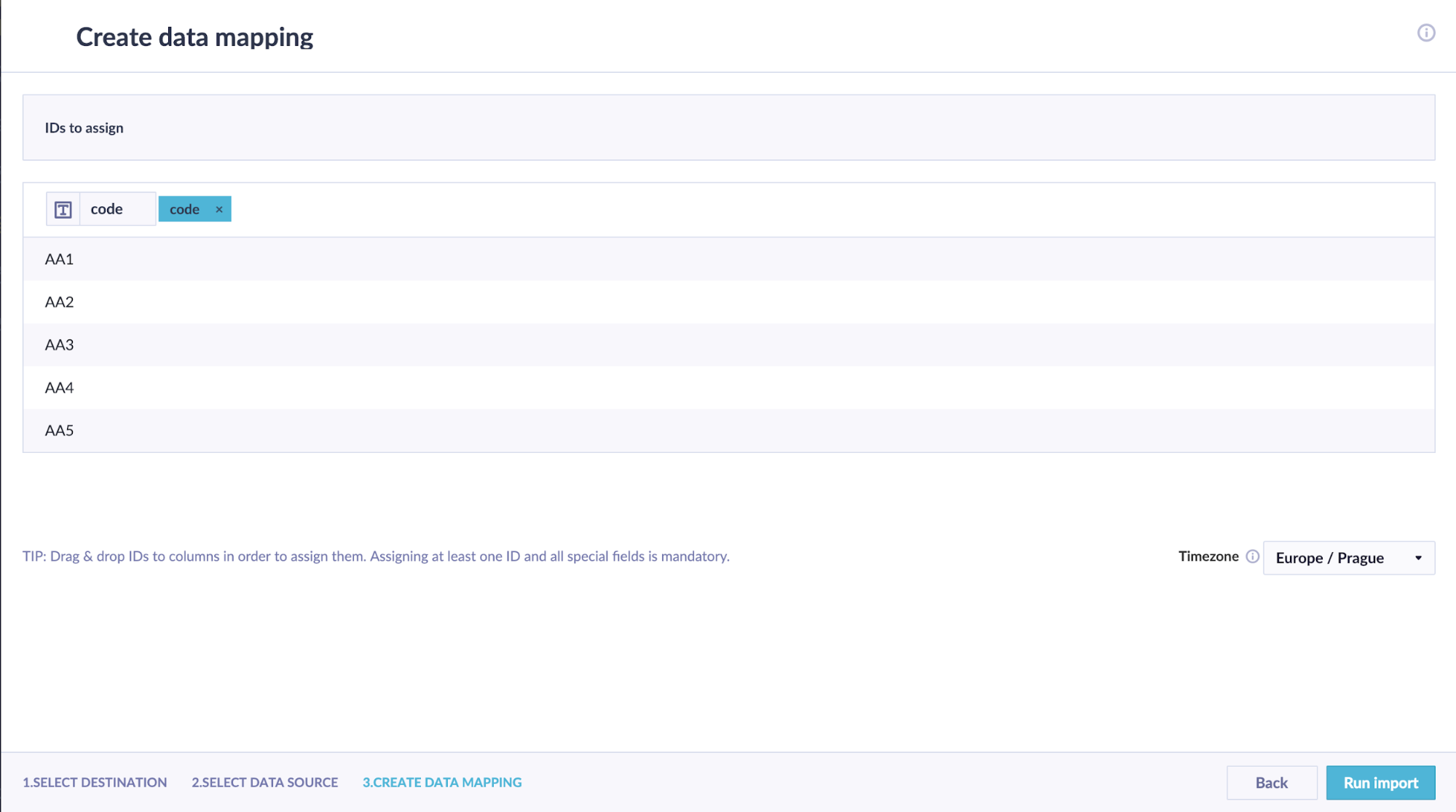 Voucher mapping screen showing the blue code ID box assigned to the voucher code column.