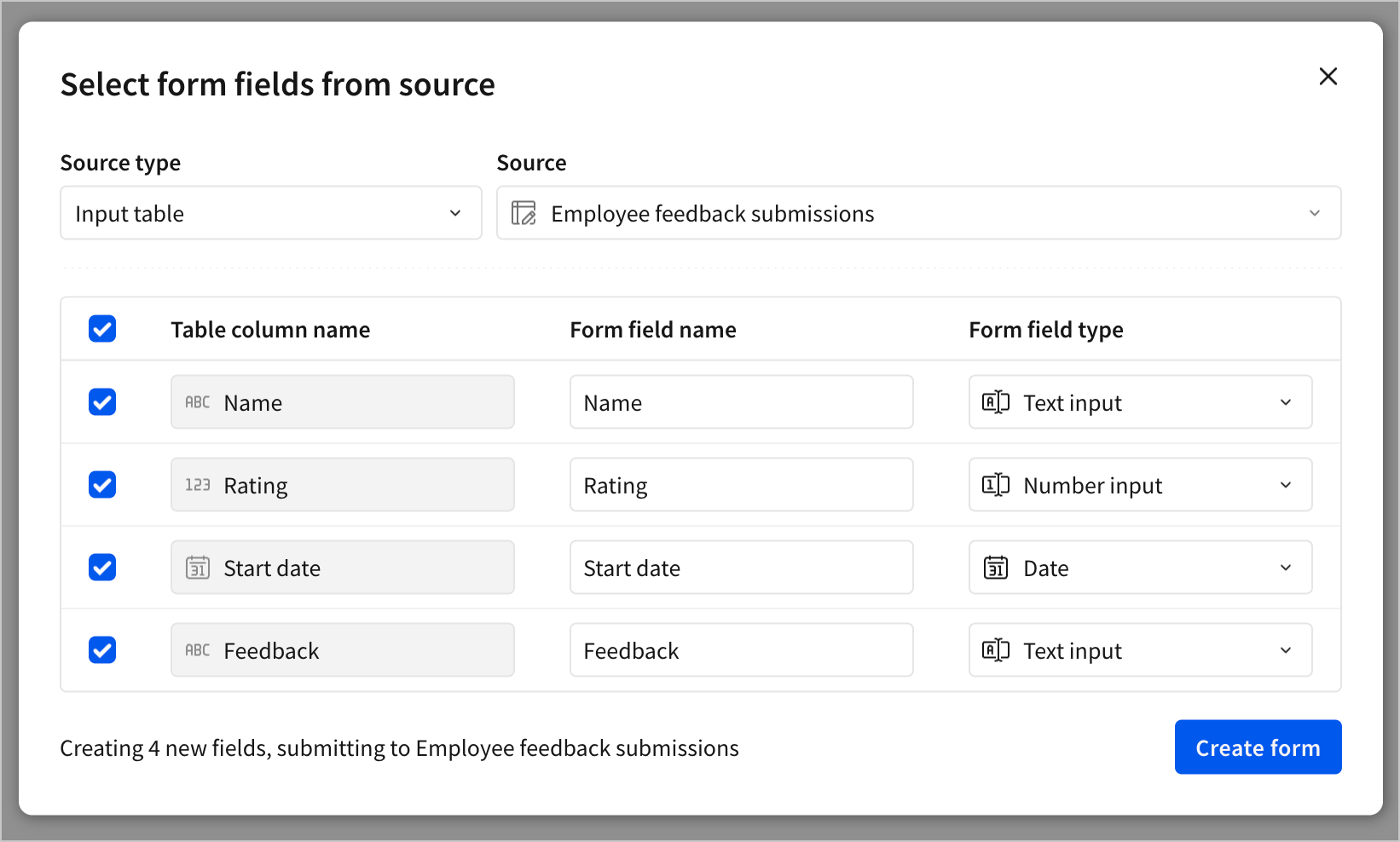 The Select form fields from source modal from the previous step shows four fields, each with a name and a field type.