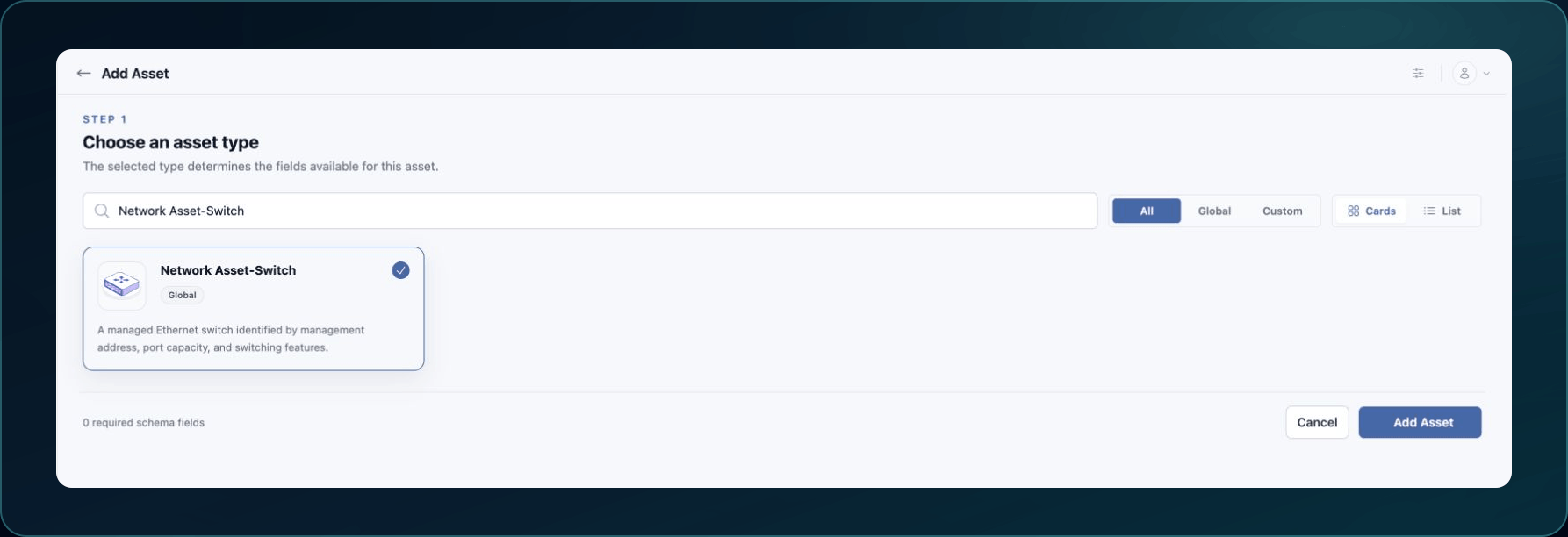 Add Asset picker in Cards view with an example Asset Type selected.