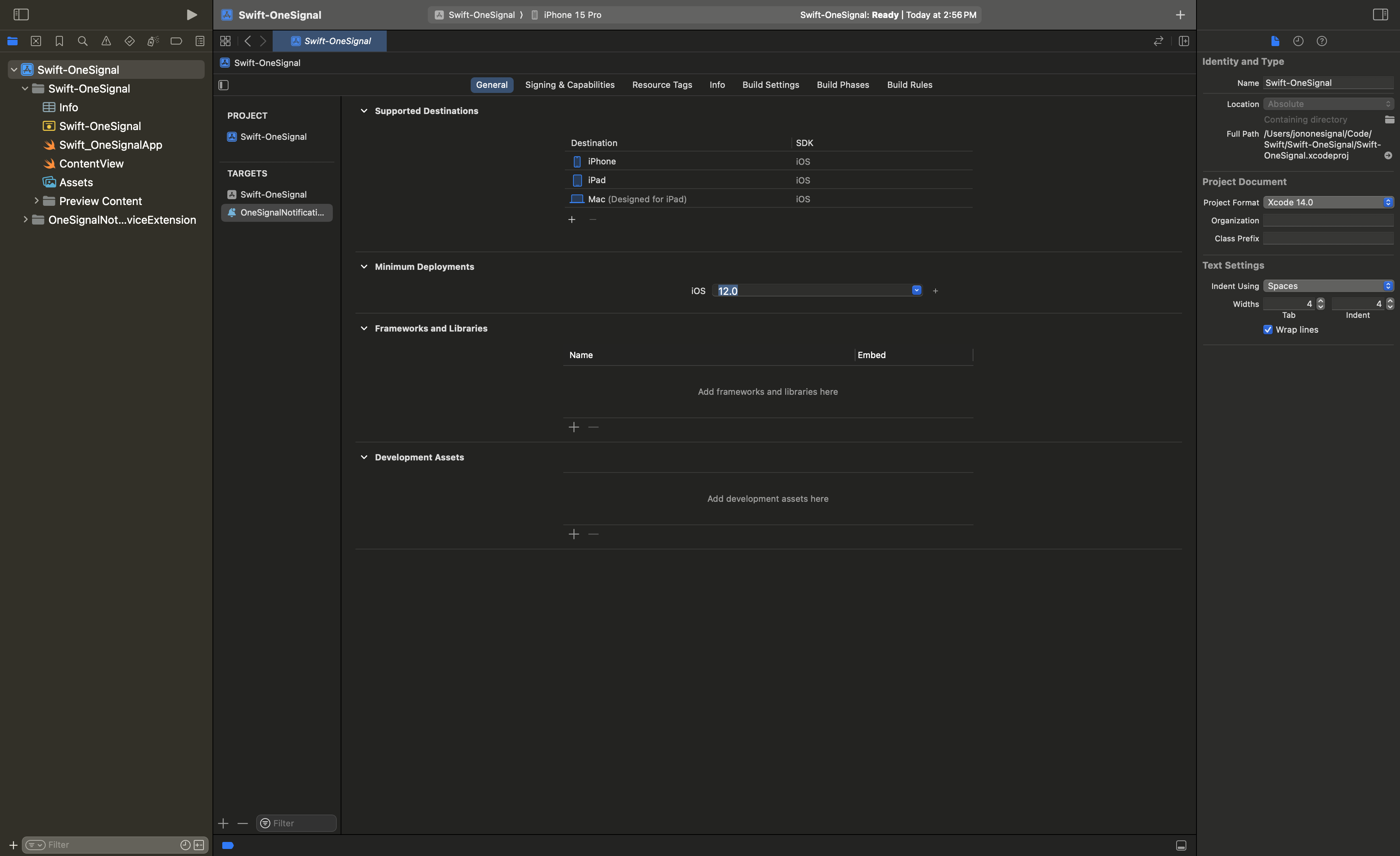 Set the OneSignalNotificationServiceExtension Target Minimum Deployments value to be the same as your Main Application Target.