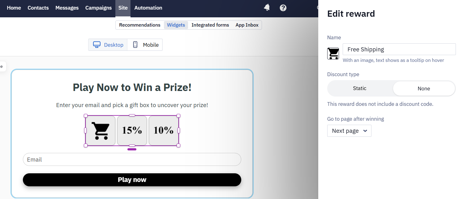 Edit reward window for a slot machine: an image next to the Name field with the hint that the text shows as a tooltip on hover, Discount type set to None, and the Go to page after winning field