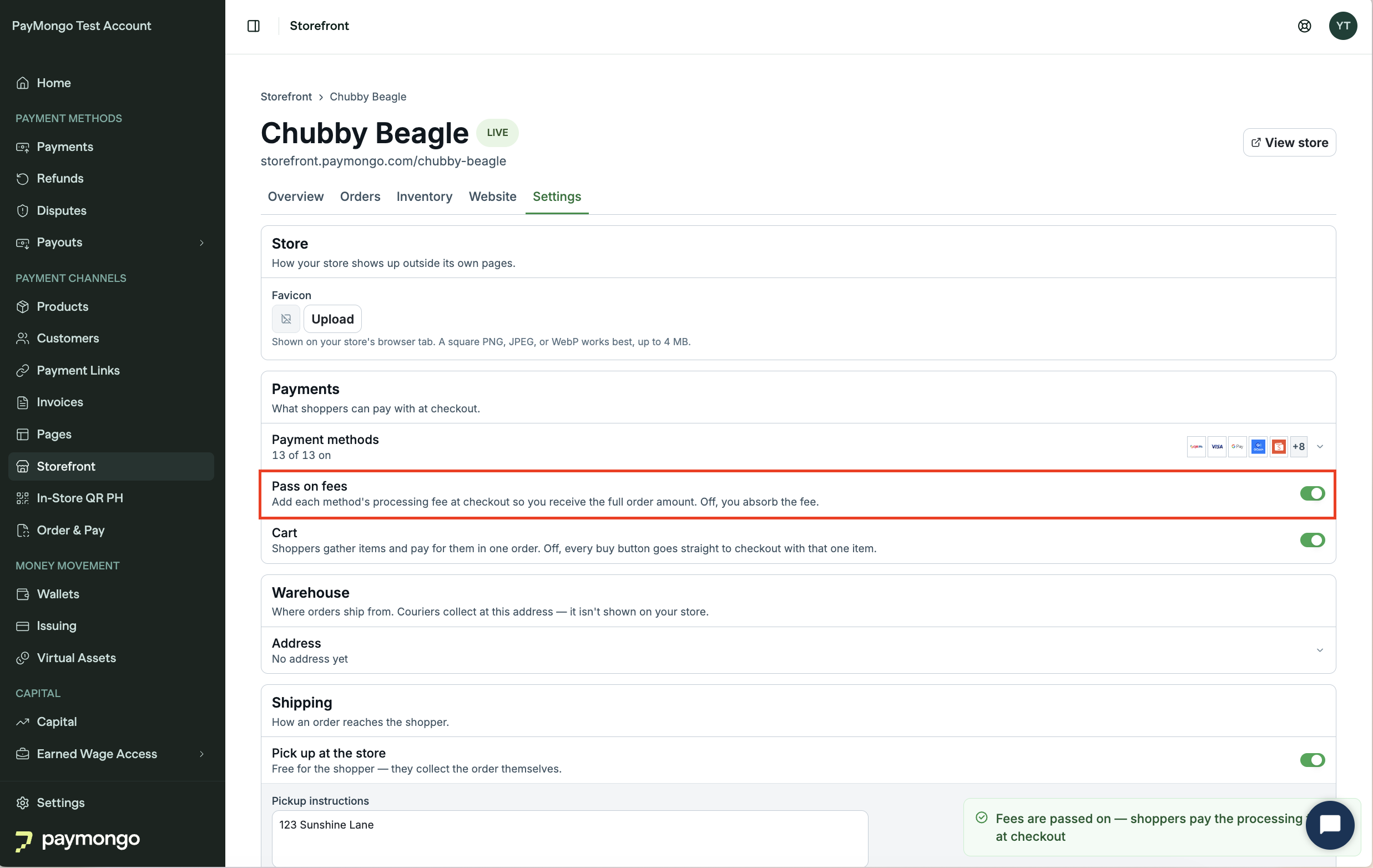 Pass on fees toggle in Storefront settings