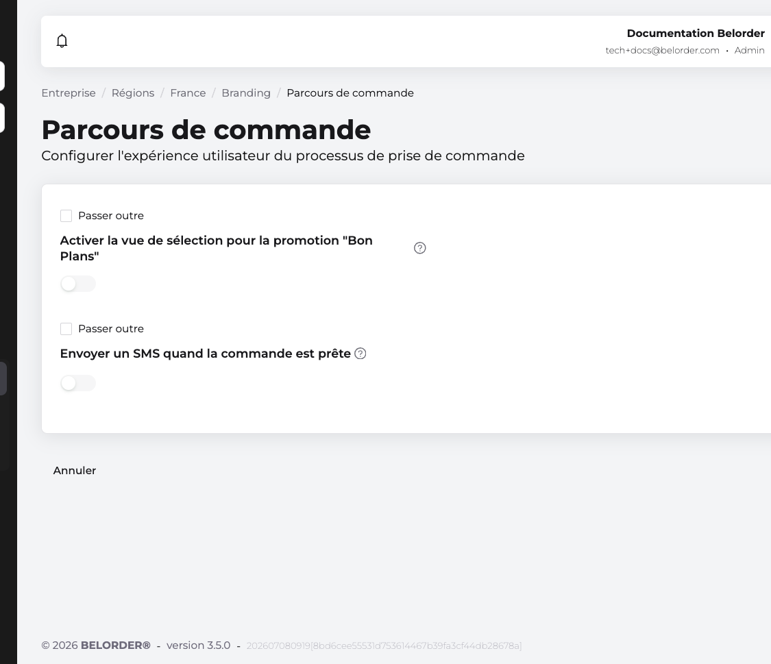 Écran Parcours de commande d'une région : chaque réglage est précédé d'une case Passer outre, décochée par défaut pour hériter de l'entreprise