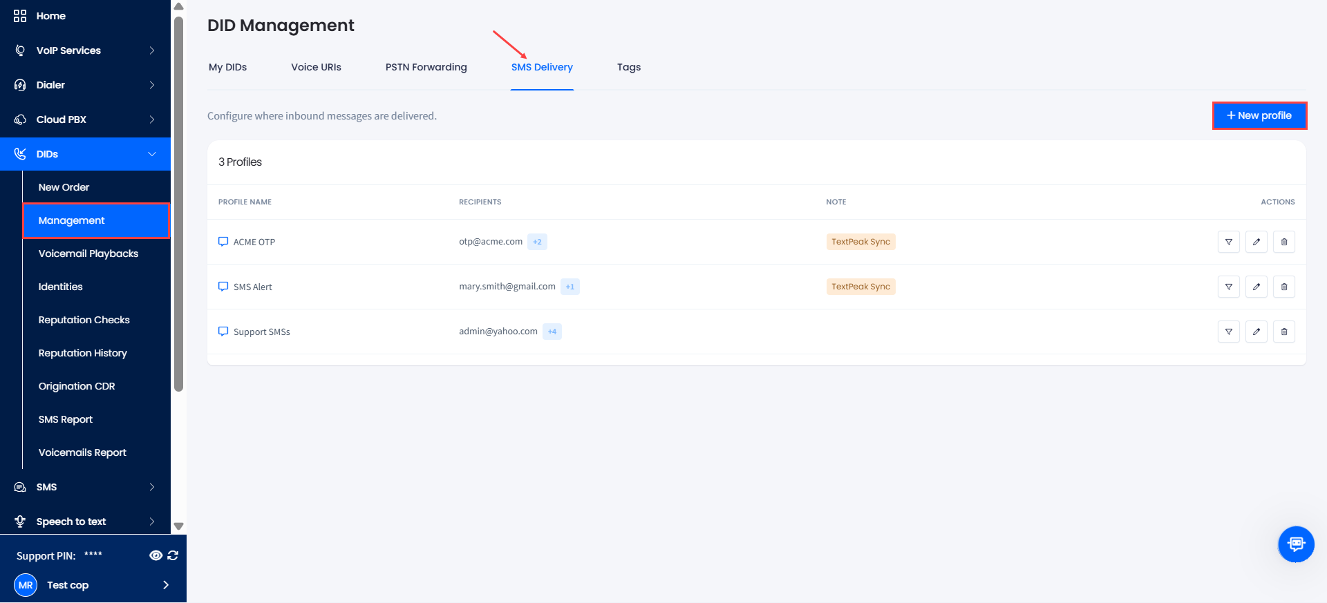Screenshot of the SMS Delivery tab