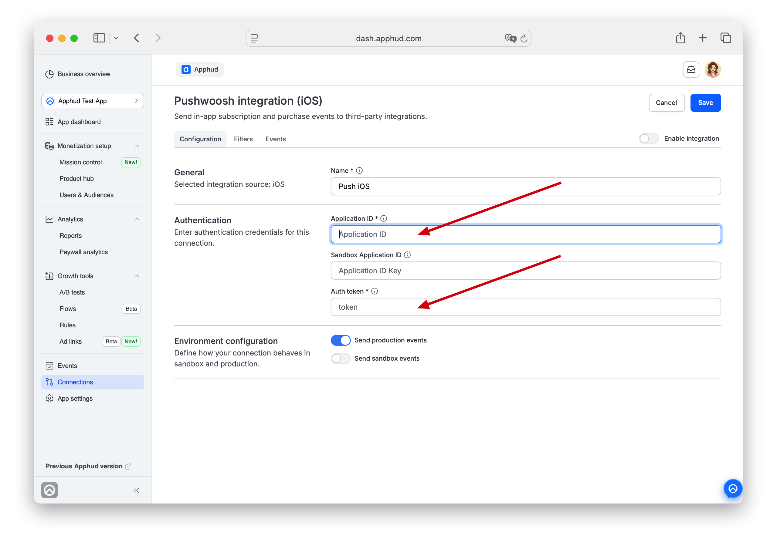 Apphud - Pushwoosh Application ID fields