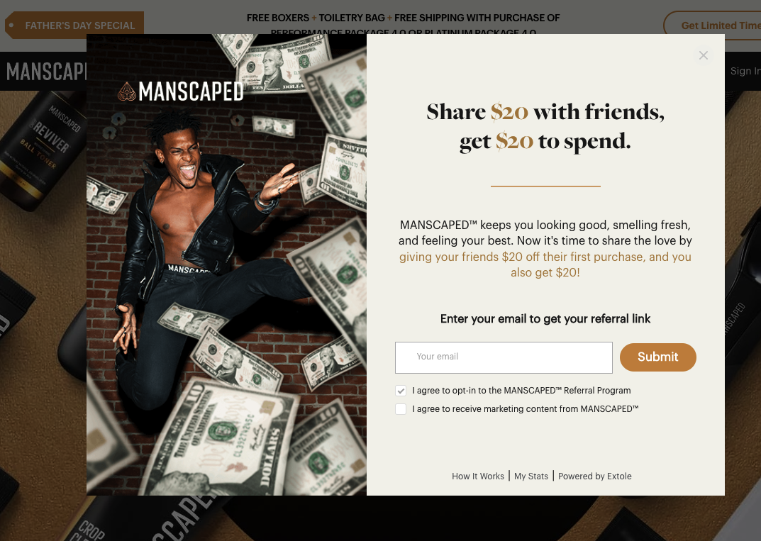 An overlay promotion for MANSCAPED's referral program