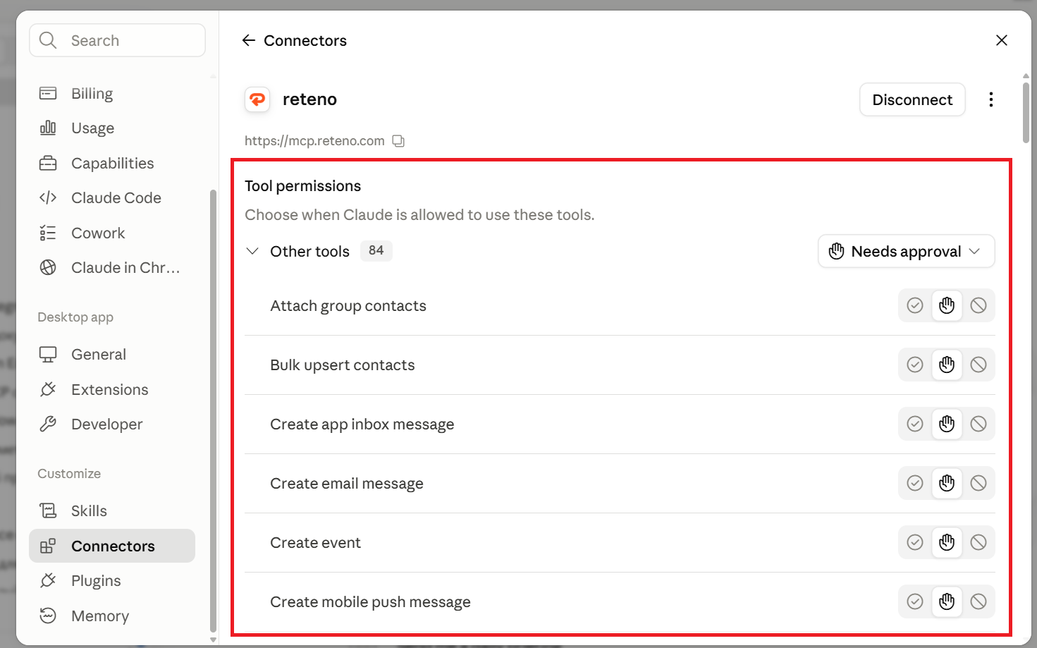 Permission settings for Reteno MCP tools in Claude