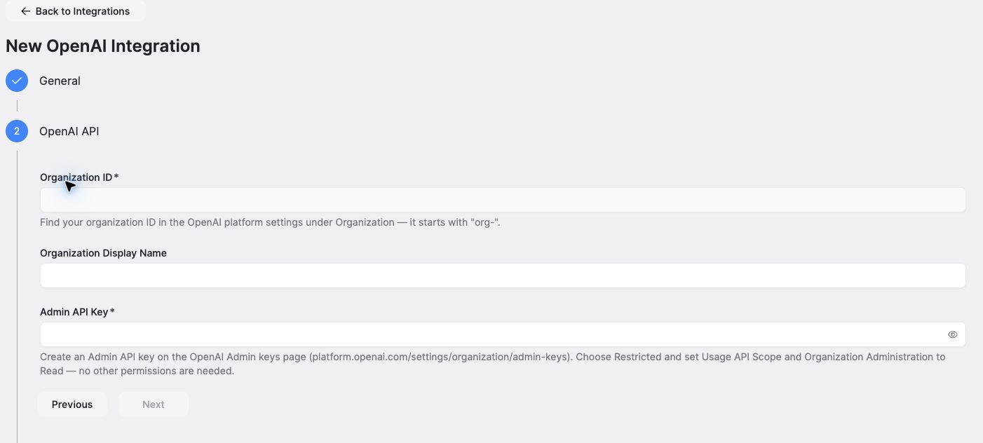 OpenAI API setup with empty Organization ID, Organization Display Name, and Admin API Key fields