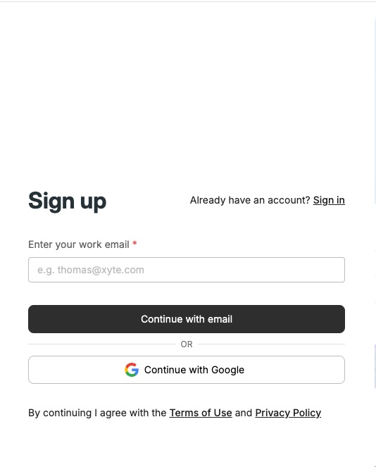 The sign-up page — enter your work email to start.