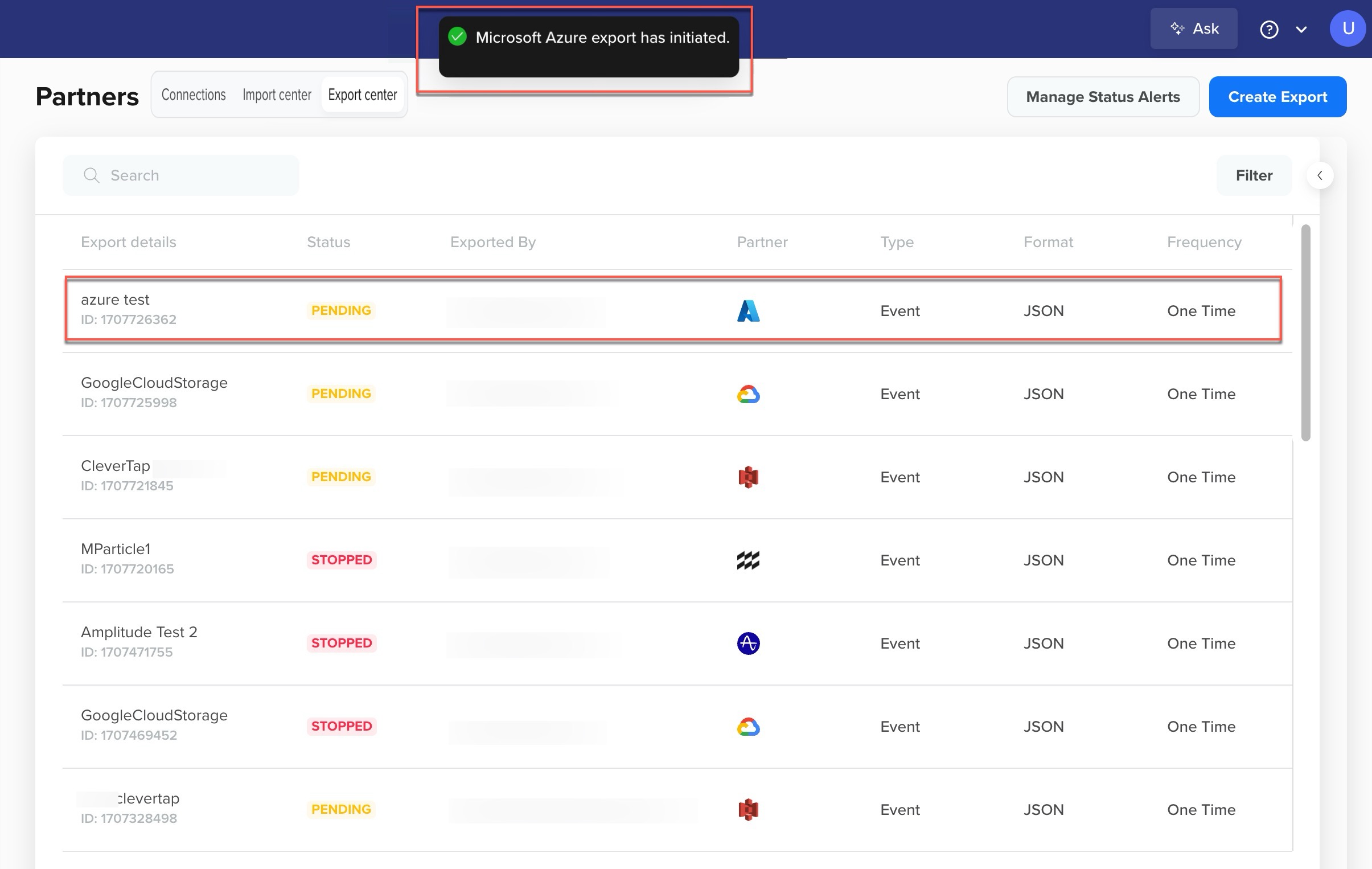 Microsoft Azure Export Initiated