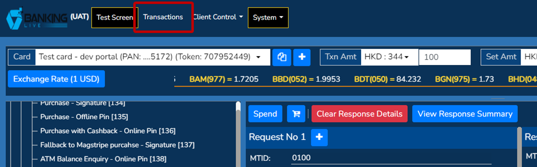 Test screen: moving to transaction screen