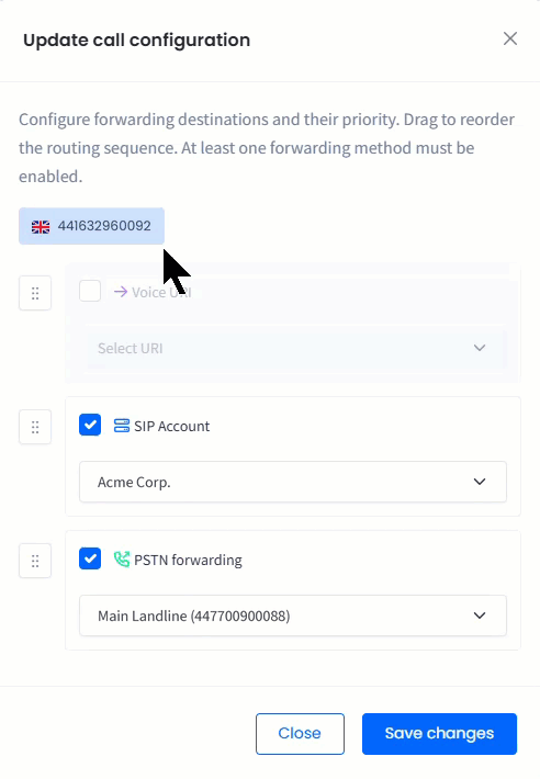 Working in the Update call configuration window