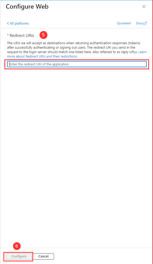 Pasting the **Redirect URI** in the **Configure Web** dialog in the **Azure Portal**