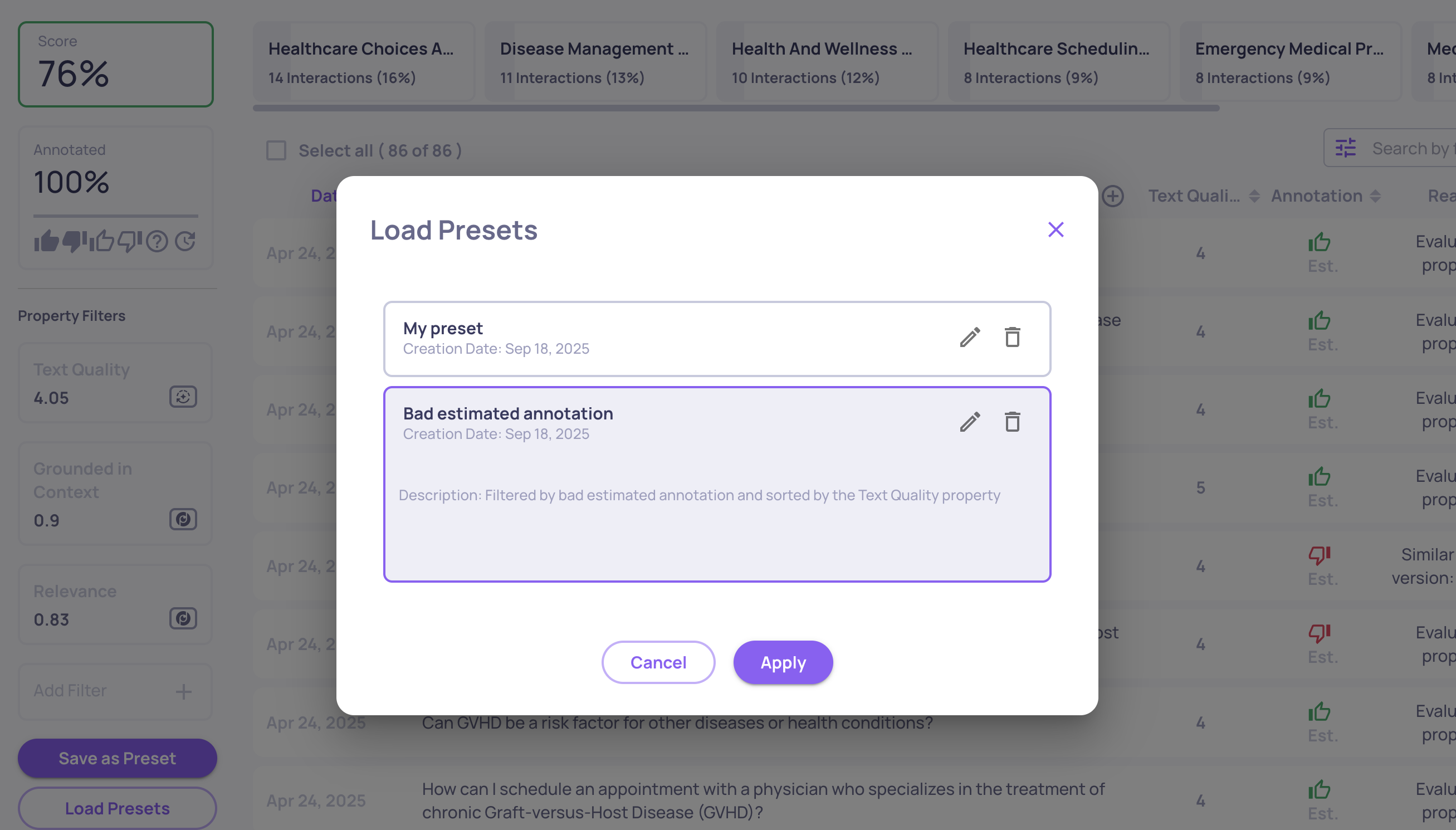 Loading a preset from the preset list in order to apply filters and sorts quickly