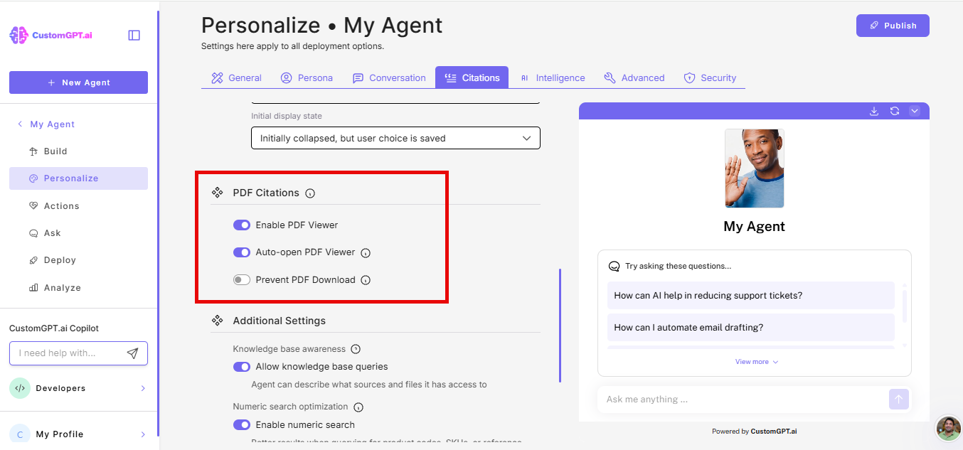 PDF citations section in the citations tab of the agent