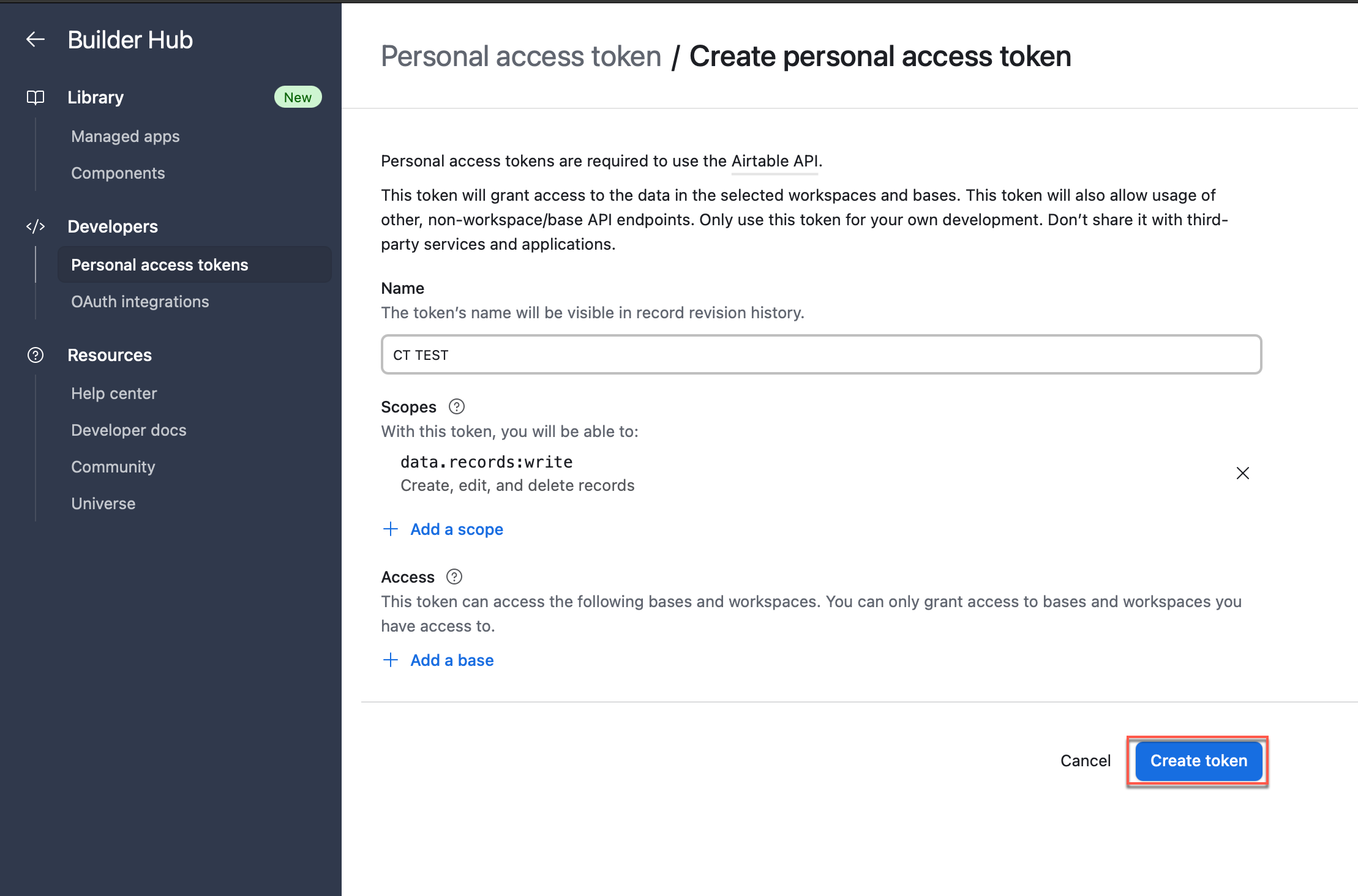 Generate Airtable API Token