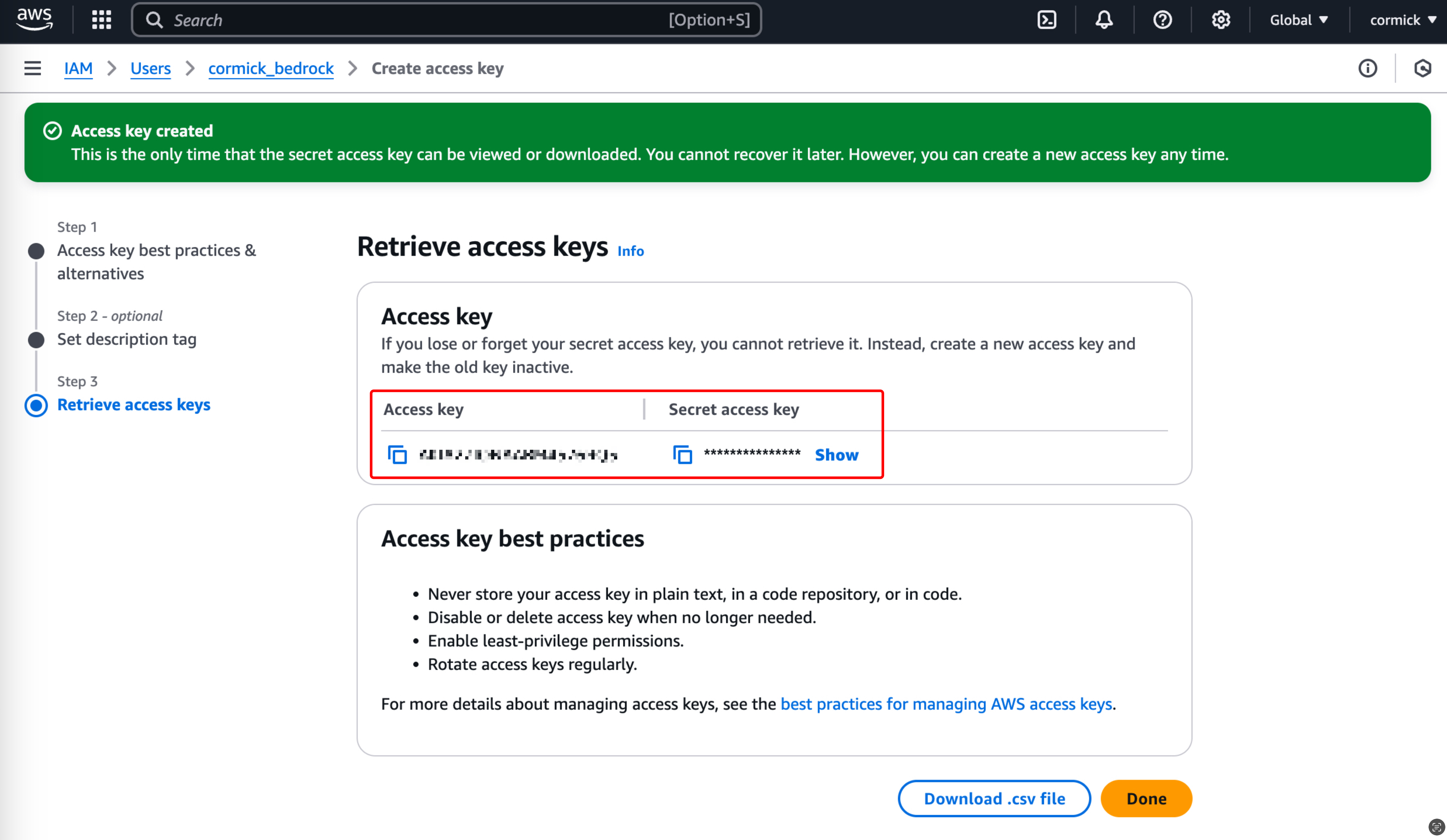 Retrieve the access keys in AWS Bedrock