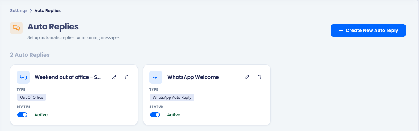 Screenshot of the Auto Replies page showing auto reply cards with their type chips and status toggles