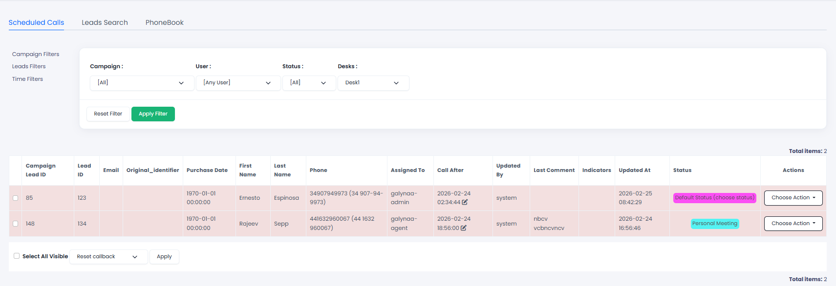 Screenshot of the Scheduled Calls page