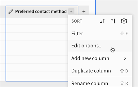 Image showing the single-select or multi-select column menu with the cursor hovering over Edit options.