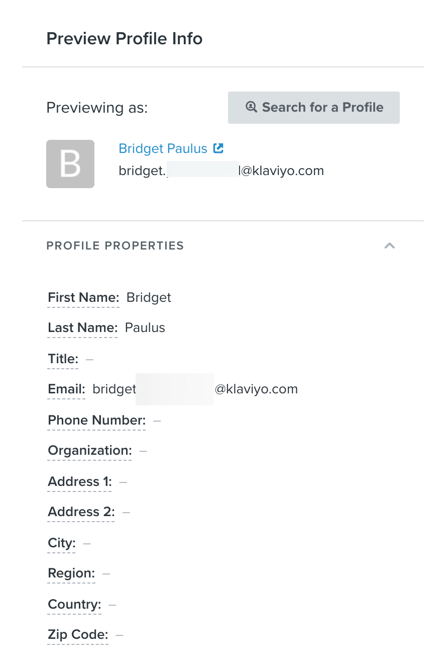 Preview Profile Info window that shows all profile properties for an individual